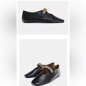 Zara Black Leather Ballets Flats with Gold Chain Strap